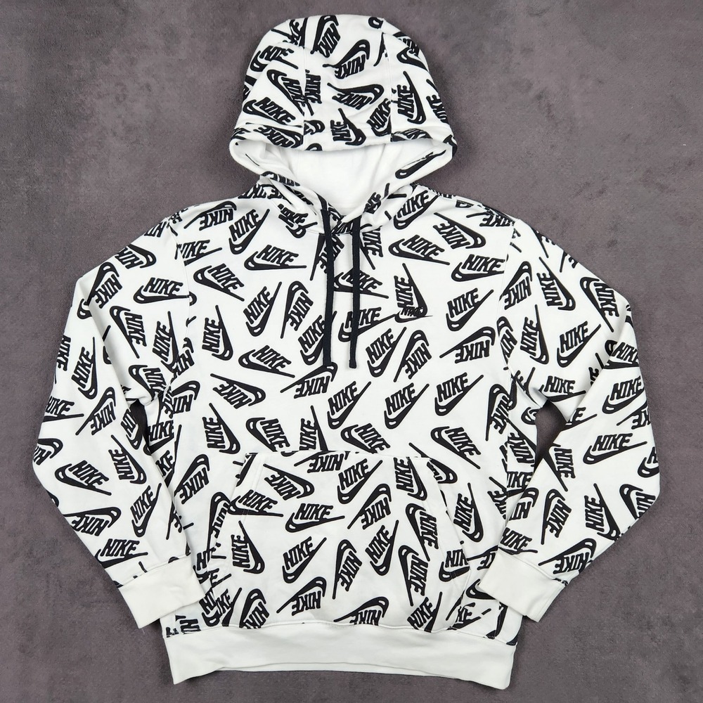 Nike Hoodie Mens Small White Black Essentials Allover Print Pullover Sweatshirt